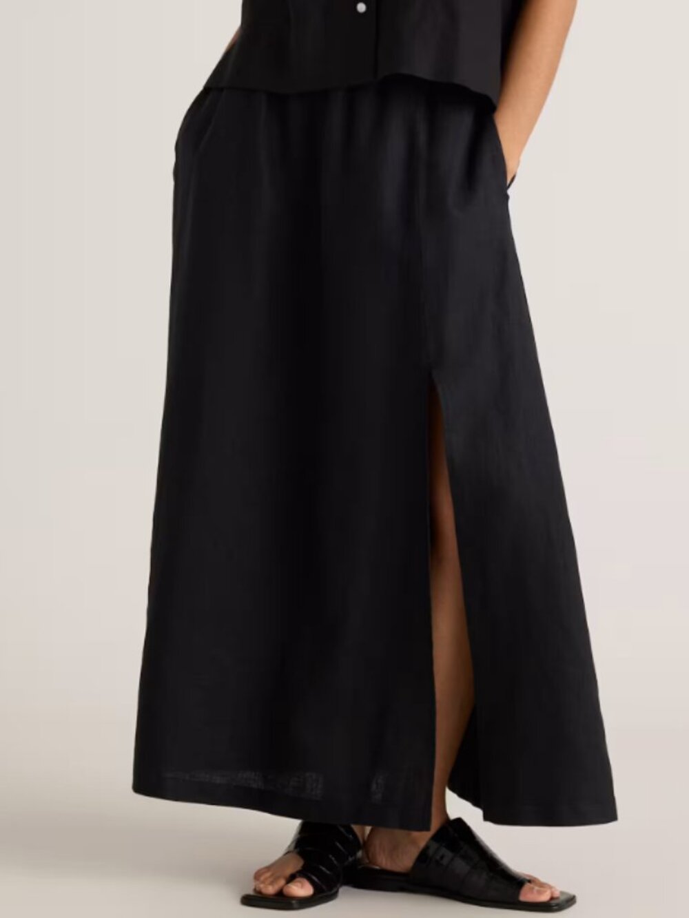 QUINCE I NWOT Black 100% European Linen A-Line Maxi Skirt with Side Slit, M